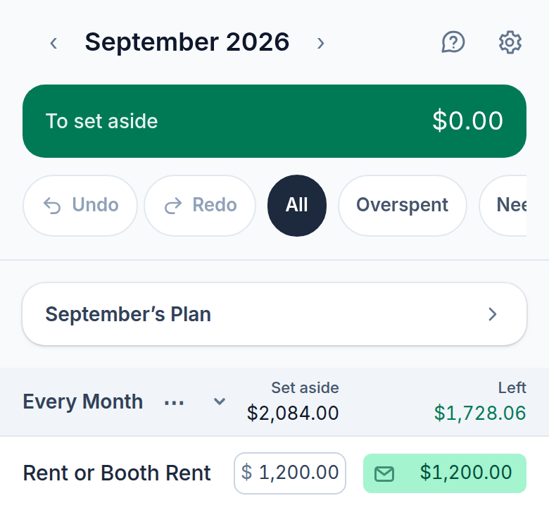 The app's plan screen: a green To set aside band reading $0.00, with a fully covered rent envelope below it.