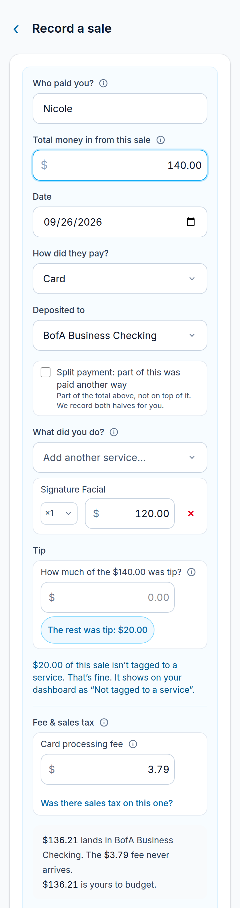 The Record a sale screen, filled in from the top: who paid you, Nicole; total money in from this sale, $140.00; the date; paid by card; deposited to a business checking account; one service line, Signature Facial at $120.00; under Tip, the app offering: the rest was tip, $20.00; under Fee & sales tax, the card processing fee already filled in, $3.79; and the form’s own sentence: $136.21 lands in the checking account, the $3.79 fee never arrives, $136.21 is yours to budget.