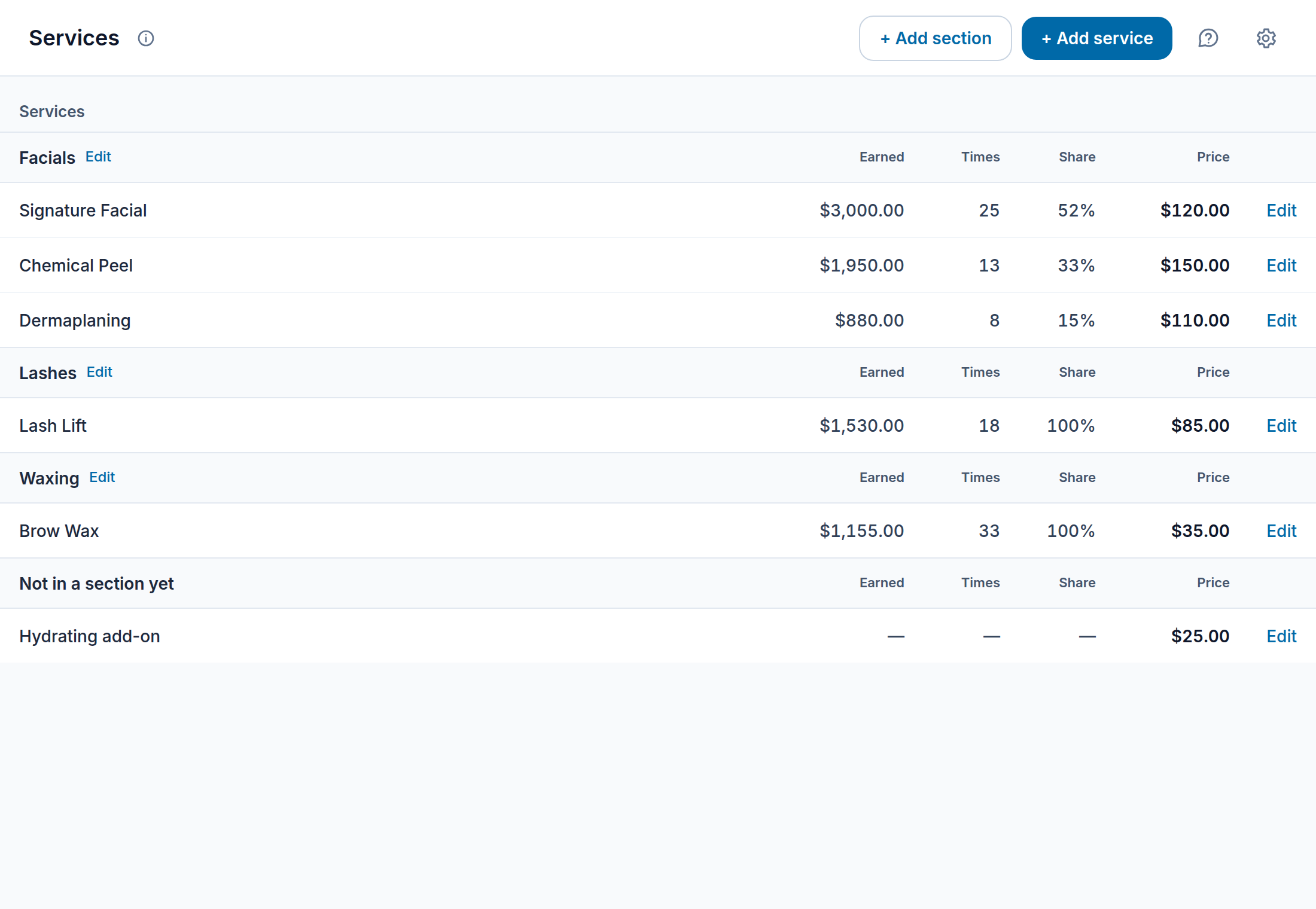 The services page: the menu grouped in sections, with each service's share of revenue
