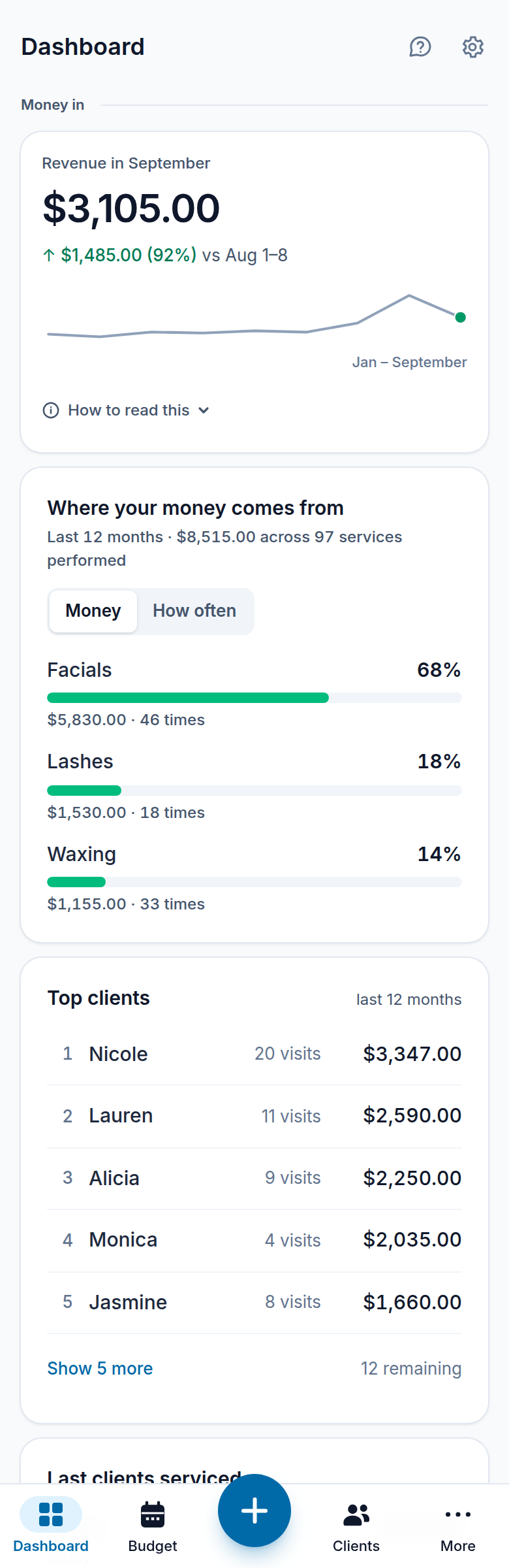 The IssaBudget dashboard on a phone: revenue in, money out, and pay yourself