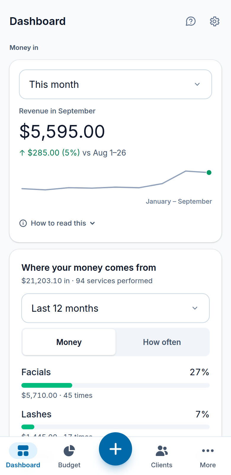 The IssaBudget dashboard on a phone: revenue in, money out, and pay yourself