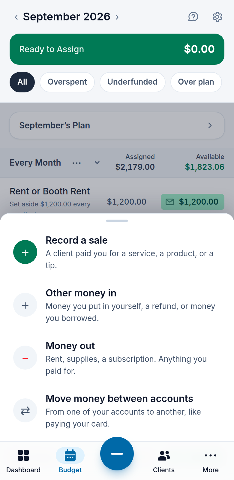 The record-money menu on a phone: record a sale, other money in, money out