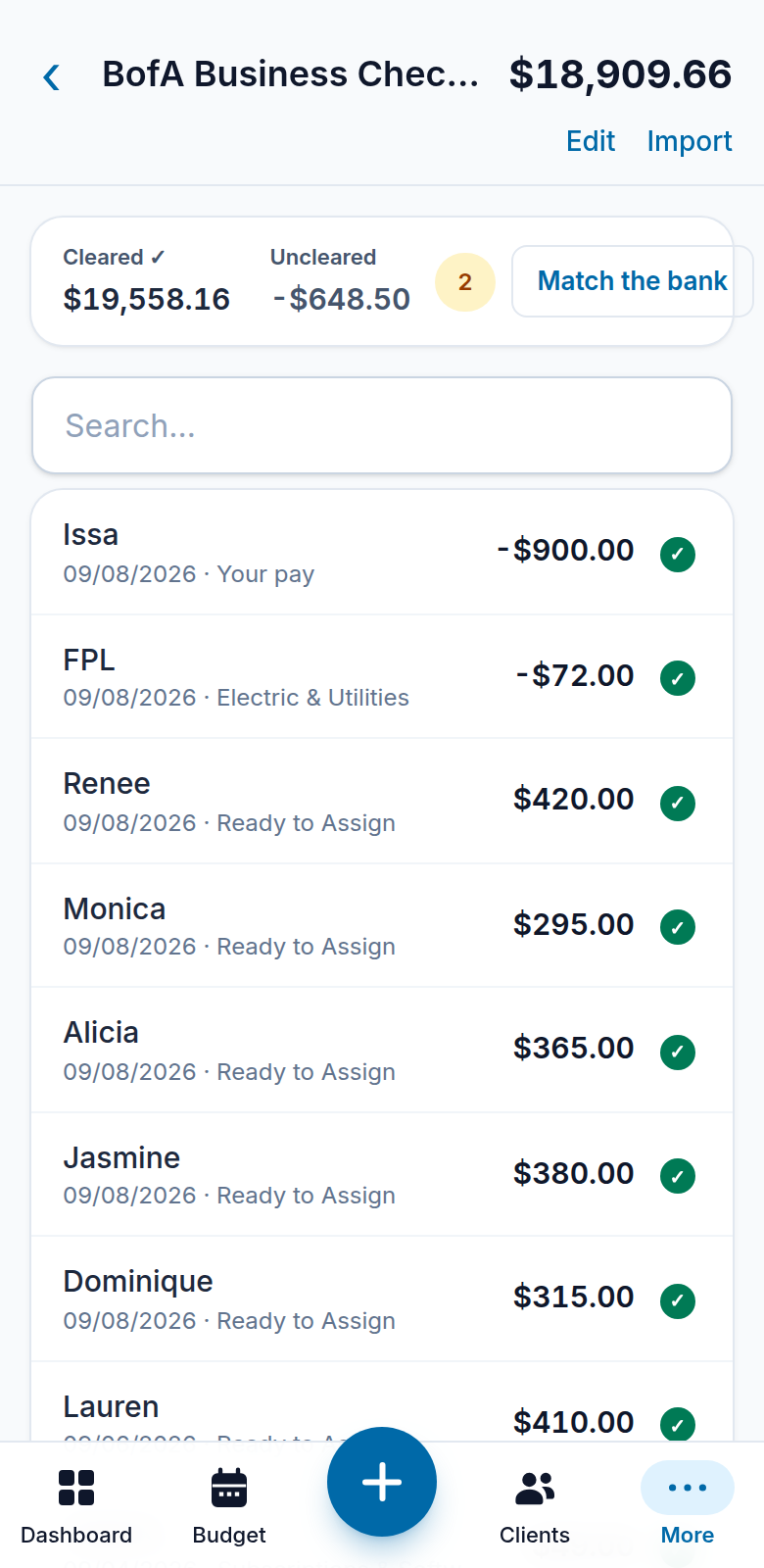 A checking account register on a phone with real sales landed