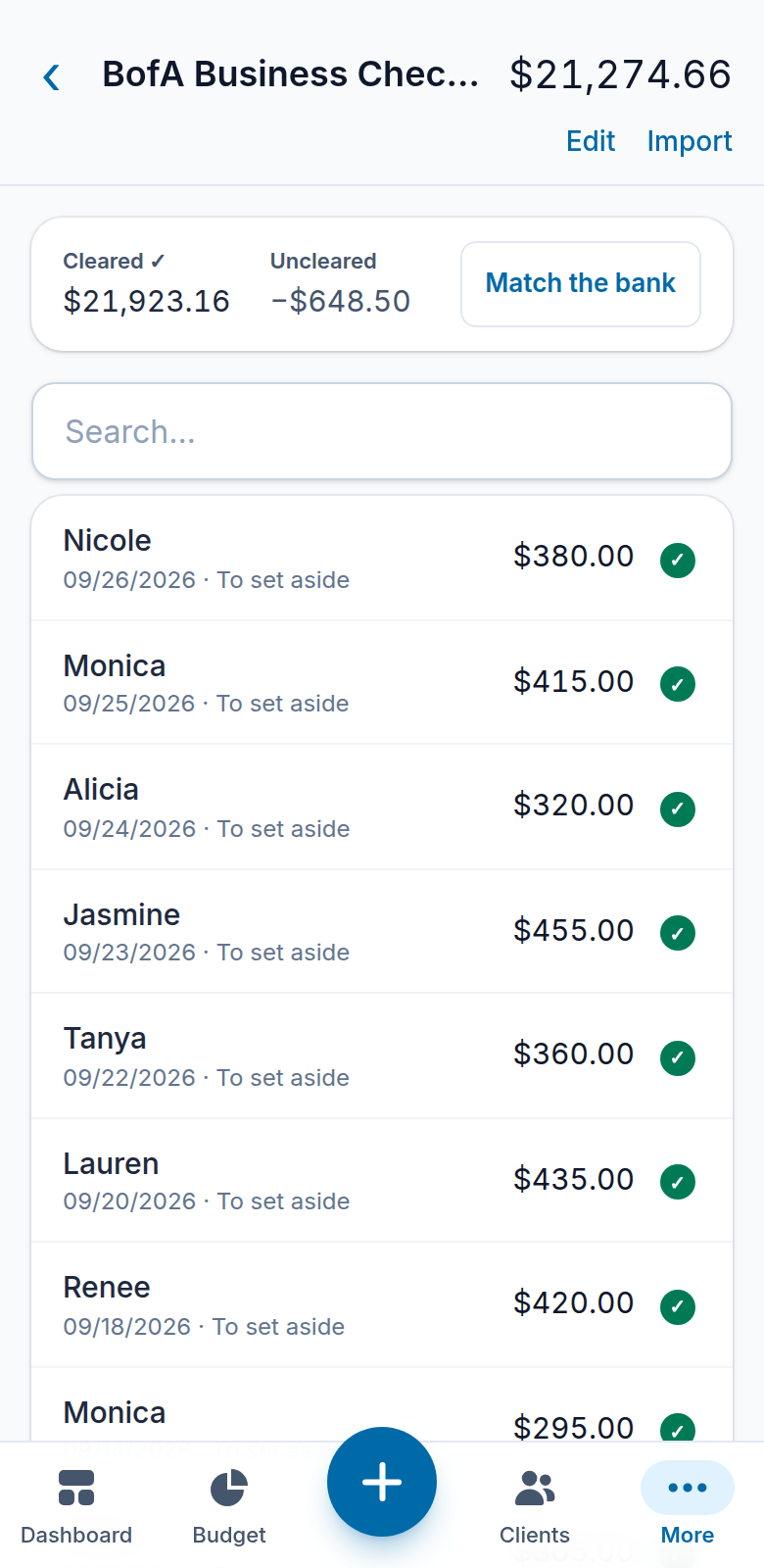 A checking account register on a phone with real sales landed