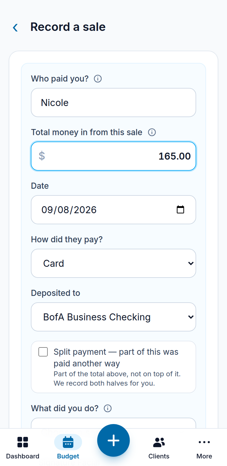 Recording a sale on a phone: client, service from your own menu, and the amount