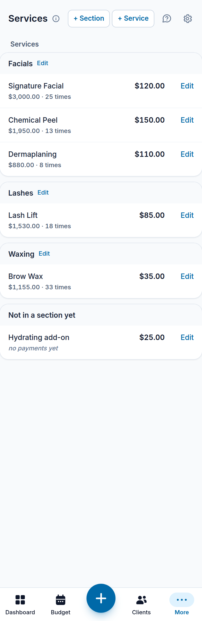 The services page on a phone: the menu grouped in sections, with each service's share of revenue